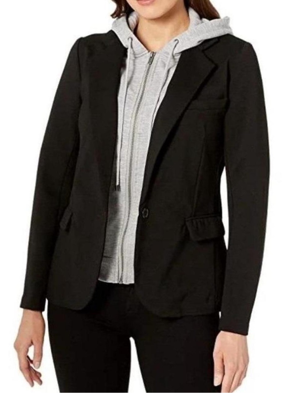 Liverpool Black Single-Button Blazer with removable Gray Hoodie Layer